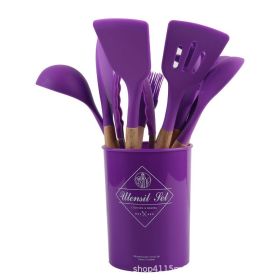 13Pcs / Set Kitchen Utensils Wooden Handle Silicone Spatula Ladle Egg Beater Kitchen Cooking Tools Kit (No FDA Certification, BPA Free) - Purple