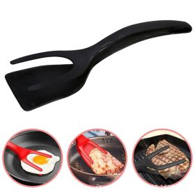 2-in-1 Clip Flip Spatula Fried Egg Steak Tongs Pancake Omelet Clamp Cooking Tongs Kitchen Tool (No FDA, BPA-free) - Black