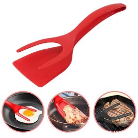 2-in-1 Clip Flip Spatula Fried Egg Steak Tongs Pancake Omelet Clamp Cooking Tongs Kitchen Tool (No FDA, BPA-free) - Red