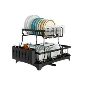 Dish Drying Rack for Kitchen Counter; 2 Tier with Drain Set Cup Holder Utensil Holder Stainless Steel Black
