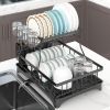 Dish Drying Rack for Kitchen Counter; 2 Tier with Drain Set Cup Holder Utensil Holder Stainless Steel Black